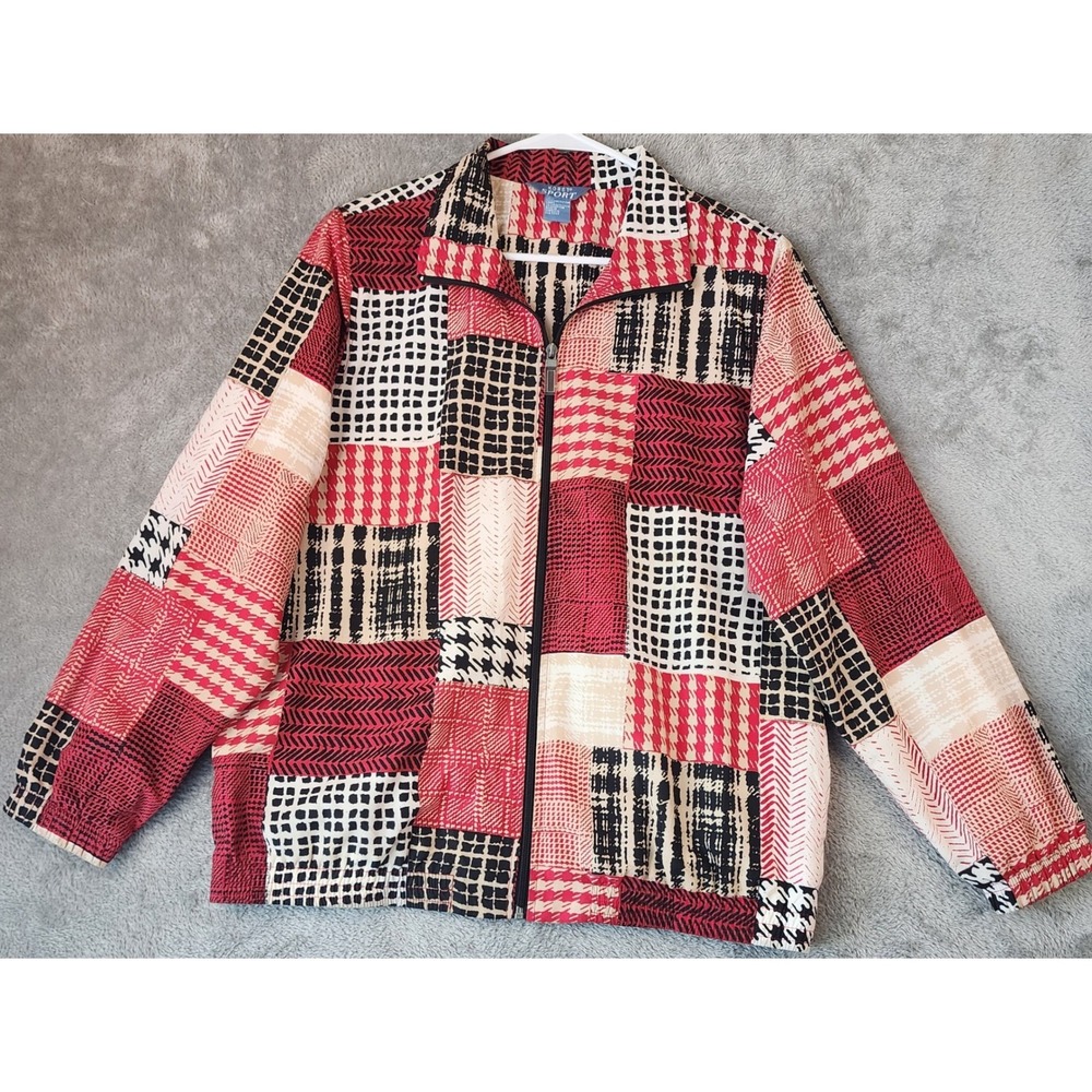 Koret Sport Jacket Womens Large Red Black Patchwork Houndstooth Zip Up Retro